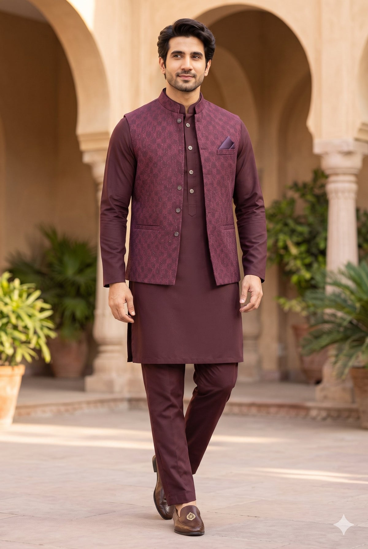 KPJ5003 Plus Size Burgundy Textured Jacquard Nehru Jacket