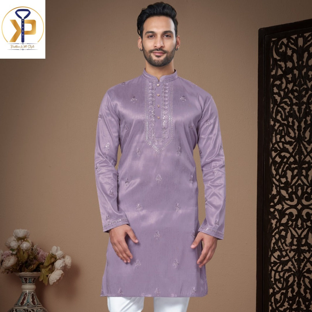 Buy Men s Kurta Pyjama Lavender Embroidery Work Kurta Set Kurtapyjama