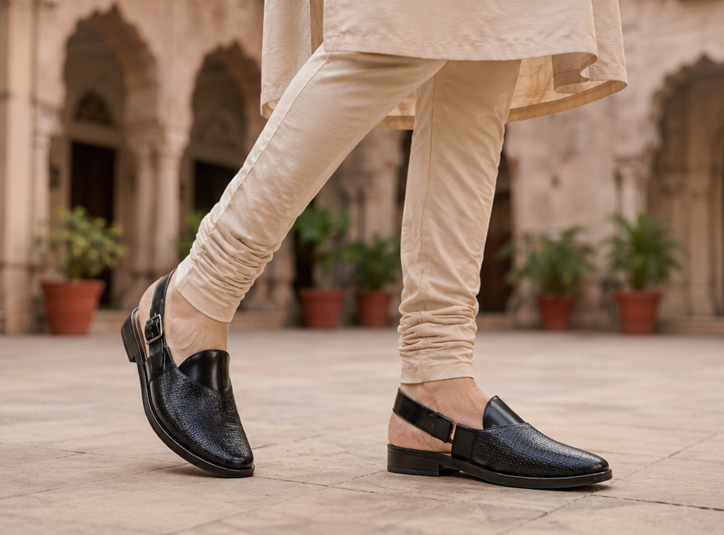 Black Textured Peshawari Sandals / Jutti for Men
