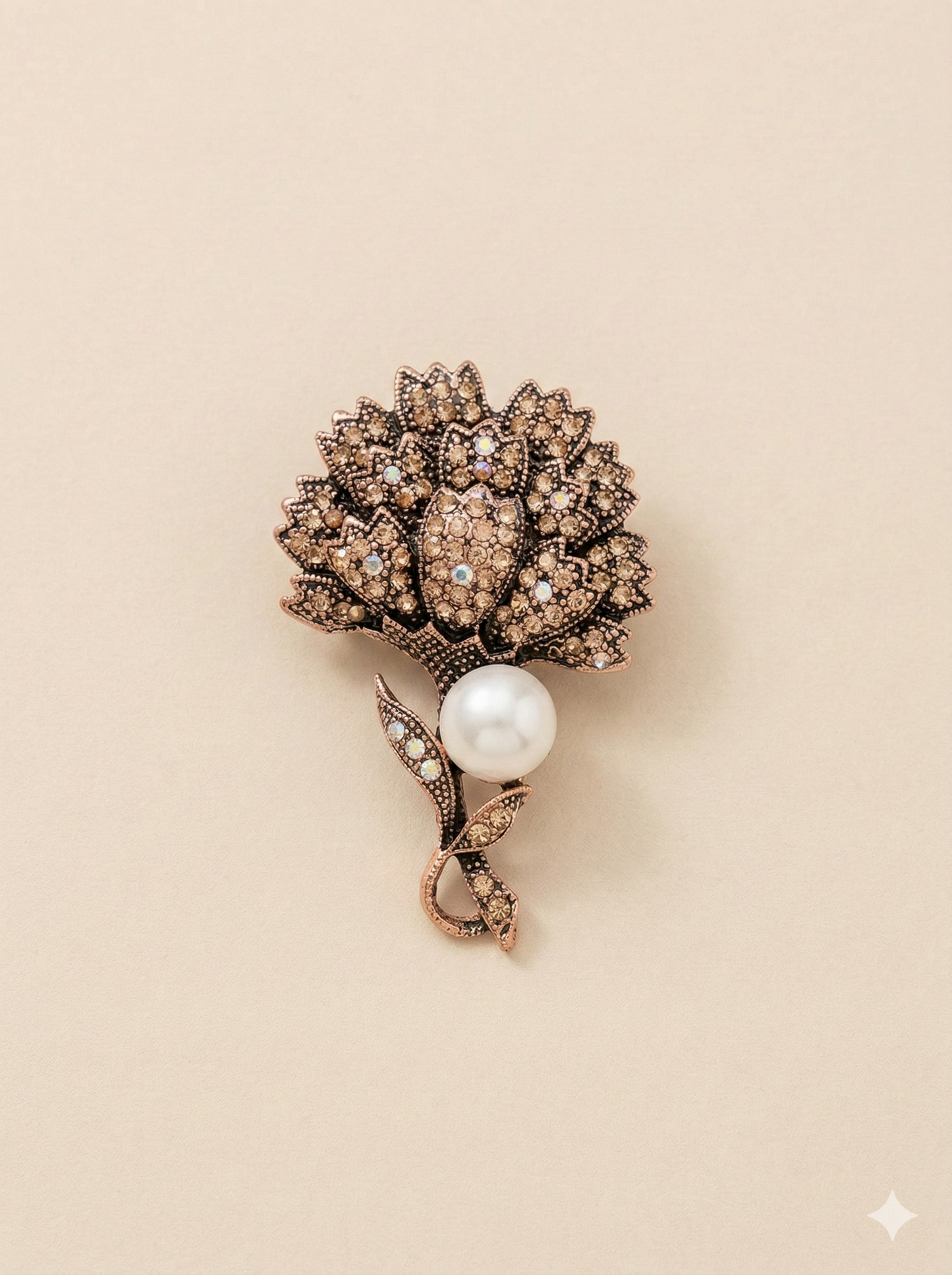 KPB0010 Antique Gold Crystal Flower Brooch for Men with Pearl
