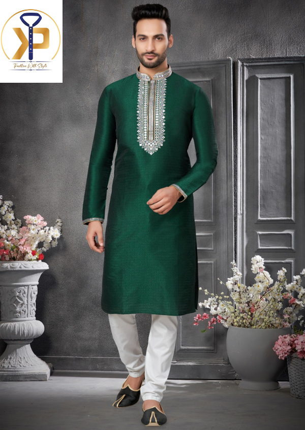 Eid Kurta Pyjama Green Heavy Mirror Work Kurta For Men Kurtapyjama