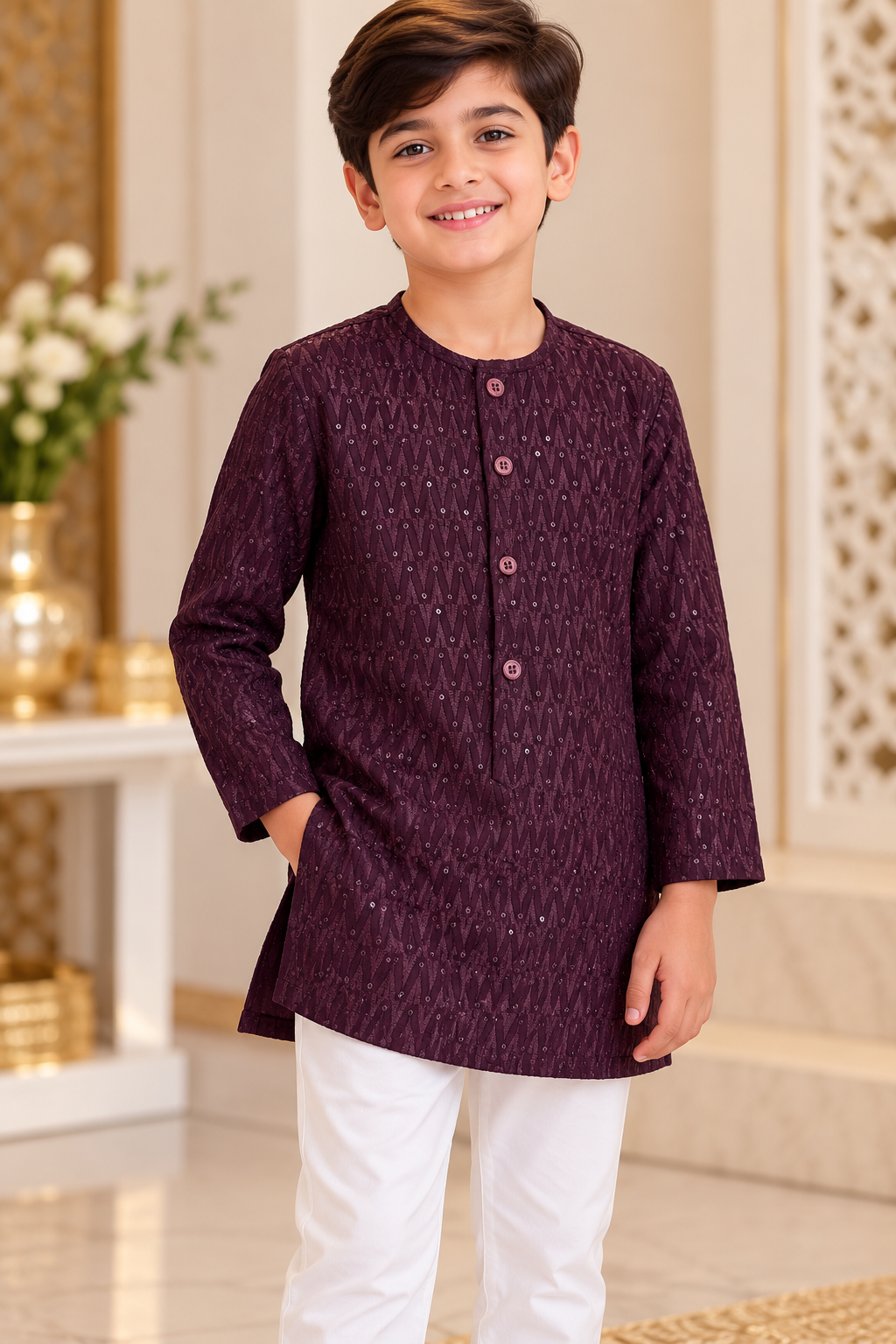 KPK5021 Wine Sequins Work Kurta with White Pyjama Set for Boys