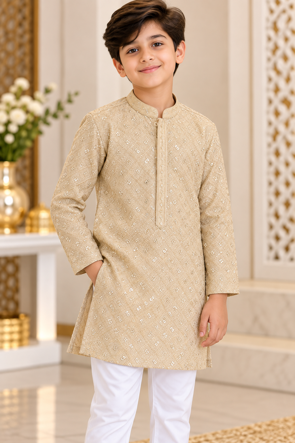 KPK5022 Gold Sequins Work Kurta with White Pyjama Set for Boys