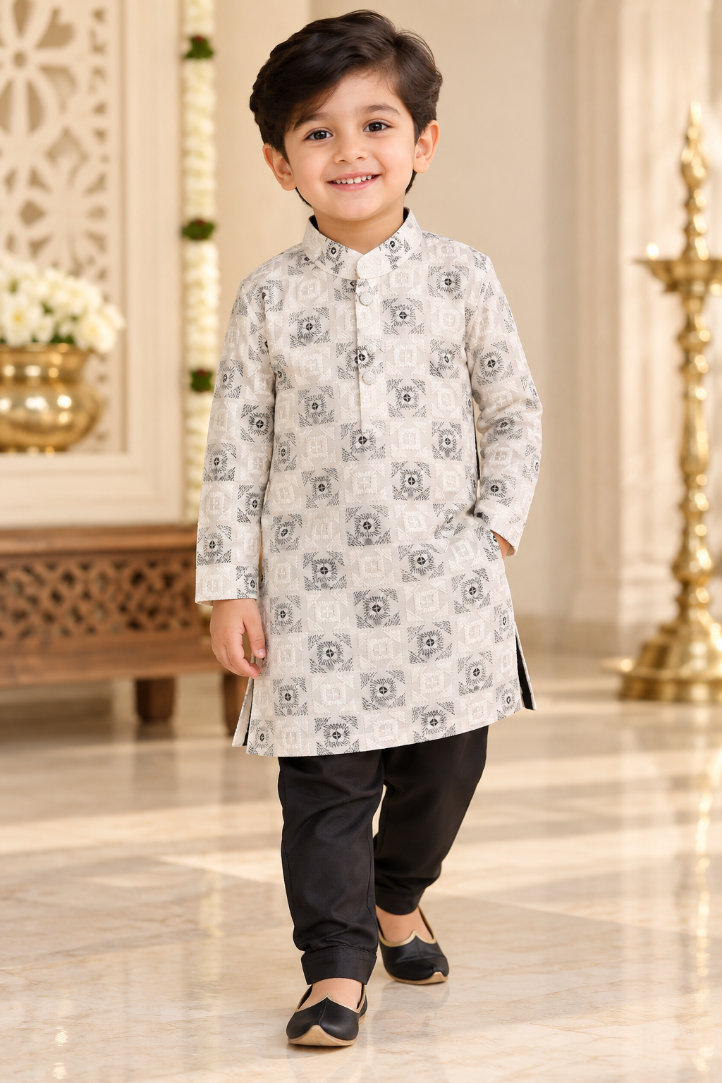 KPK7120 White Printed Kurta with Black Pyjama Set for Boys
