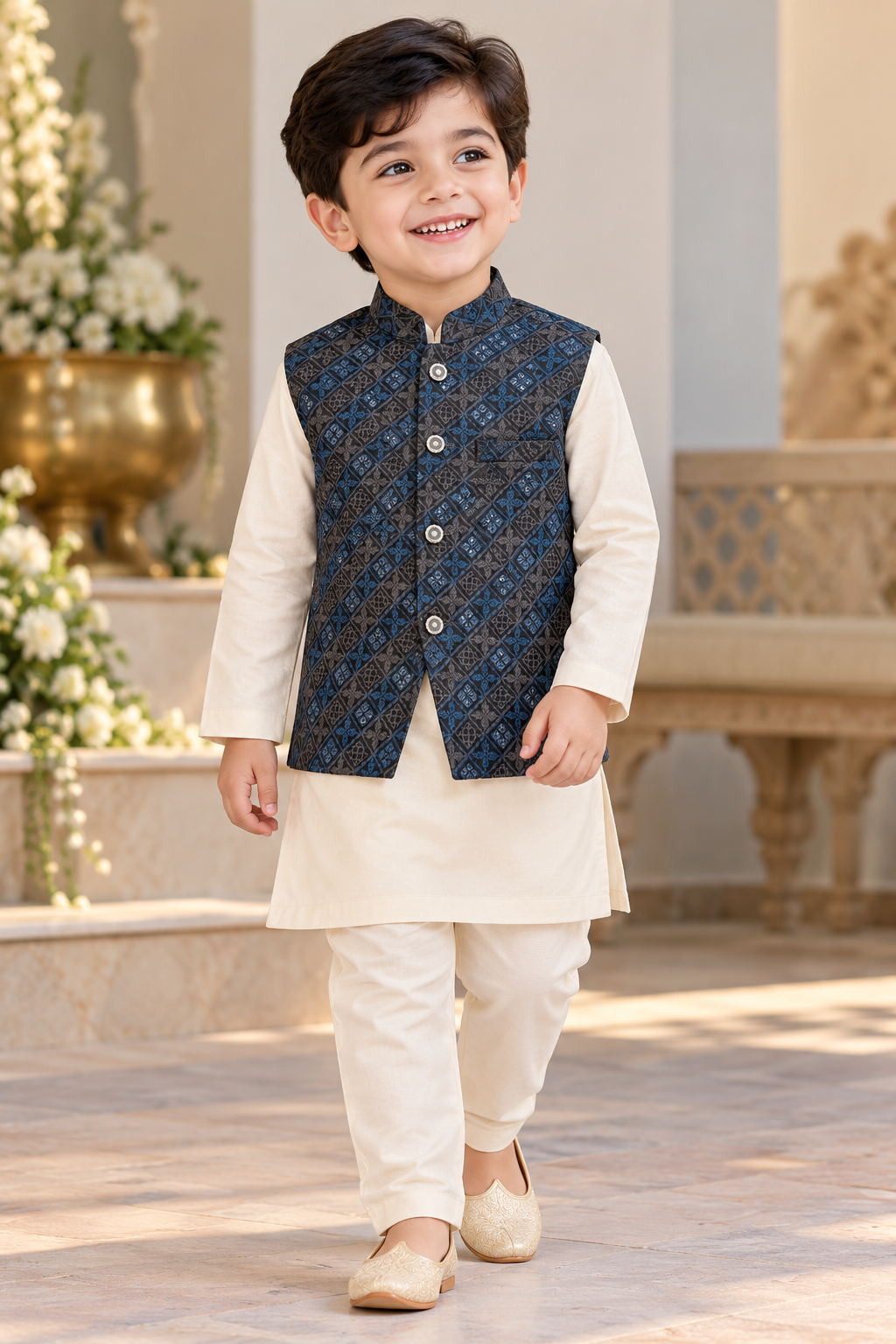 KPK7124 Cream Kurta Pyjama Set with Navy Blue Geometric Nehru Jacket for Boys