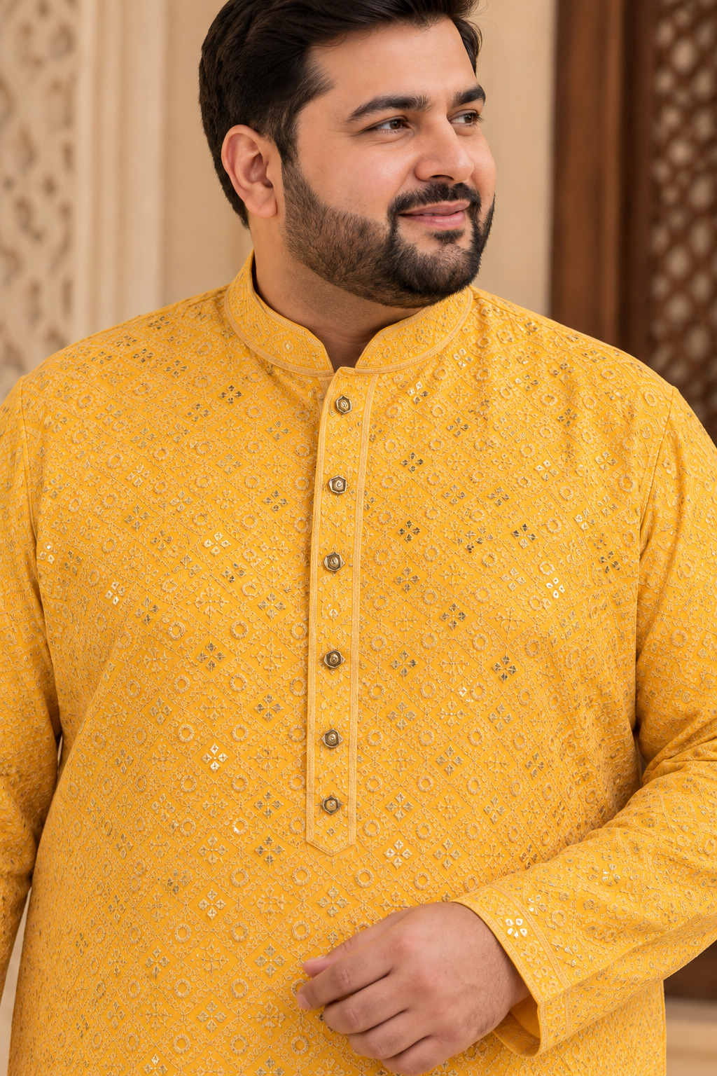 KPD4136 Plus Size Yellow Threadwork Kurta with White Pyjama Set