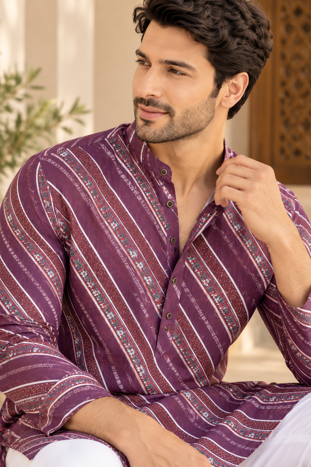 KPD6090 Wine Purple Printed Sequin work Kurta with White Pyjama Set