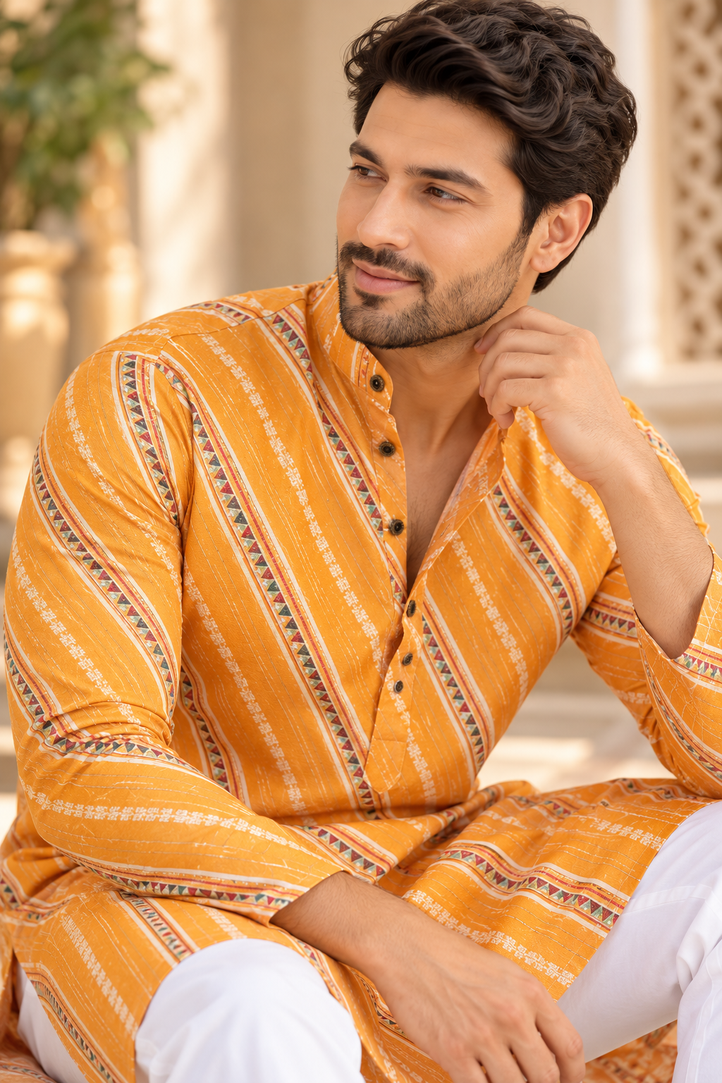 KPD6091 Mustard Yellow Printed Sequin Work Kurta with White Pyjama Set