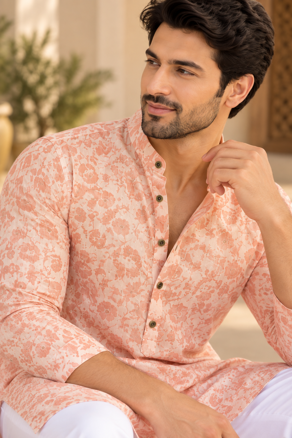 KPD6092 Peach Floral Printed Sequin Work Kurta with White Pyjama Set