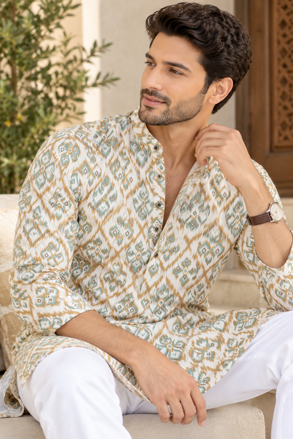 KPD6093 Sage and Ochre Ikat Printed Sequin Work Kurta with White Pyjama Set