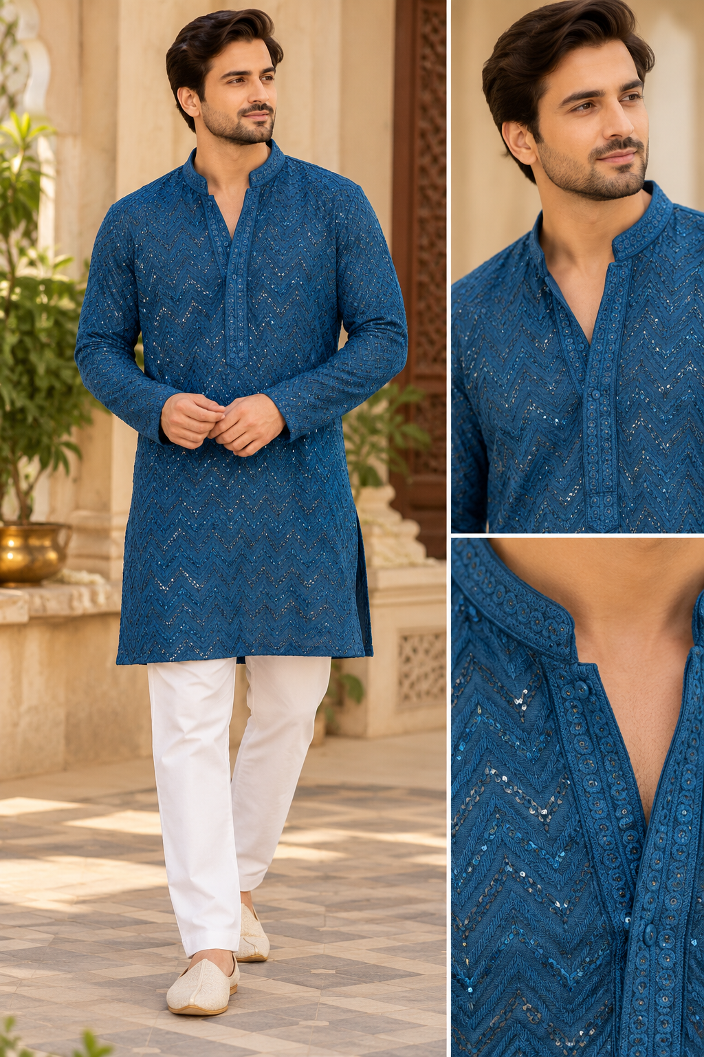 KPD6002 Teal Blue Heavy Thread & Sequin Work Rayon Kurta with Lining & White Pant Set