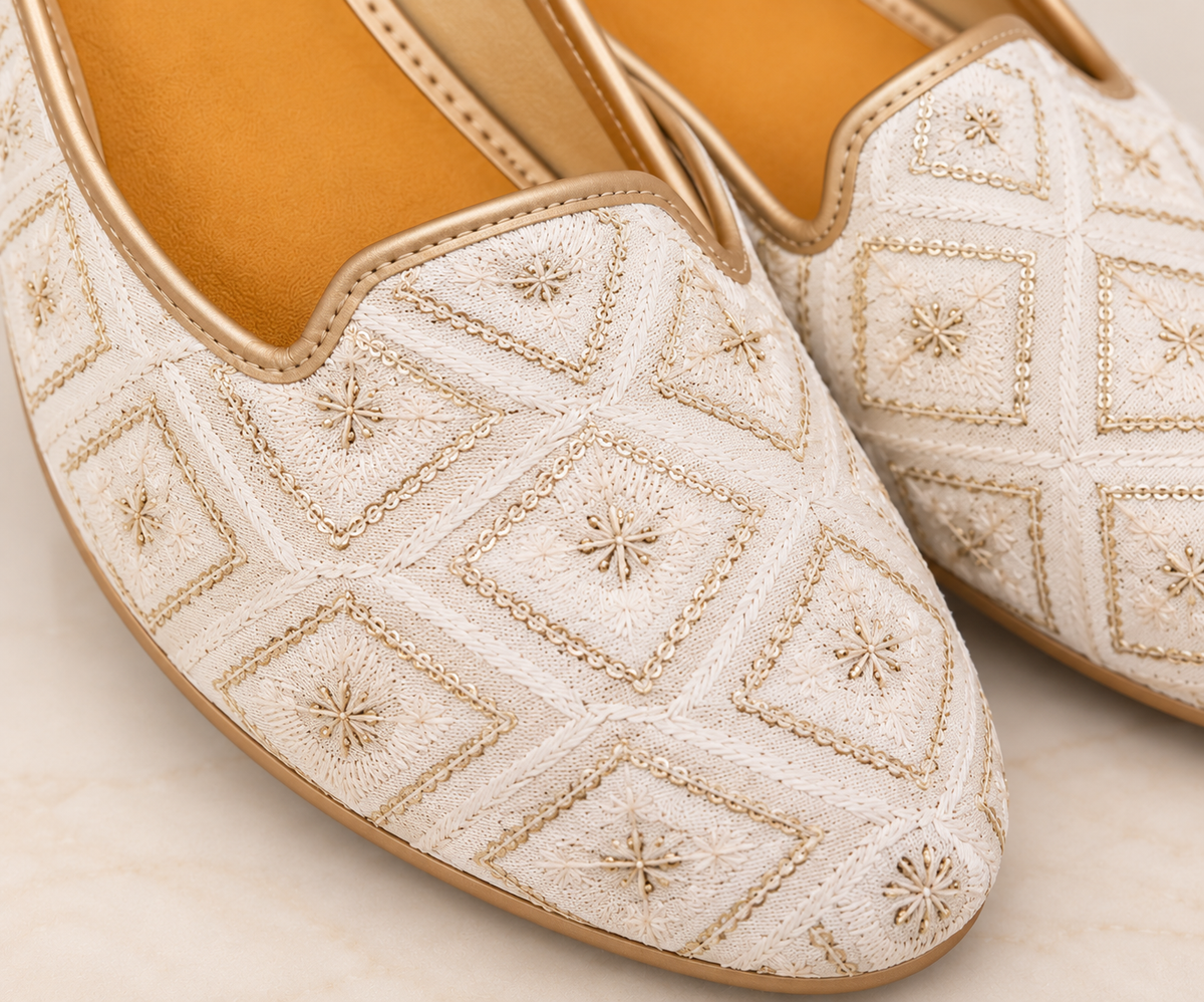 KPL0090 Ivory and Gold Geometric Embroidered Jutti For Men