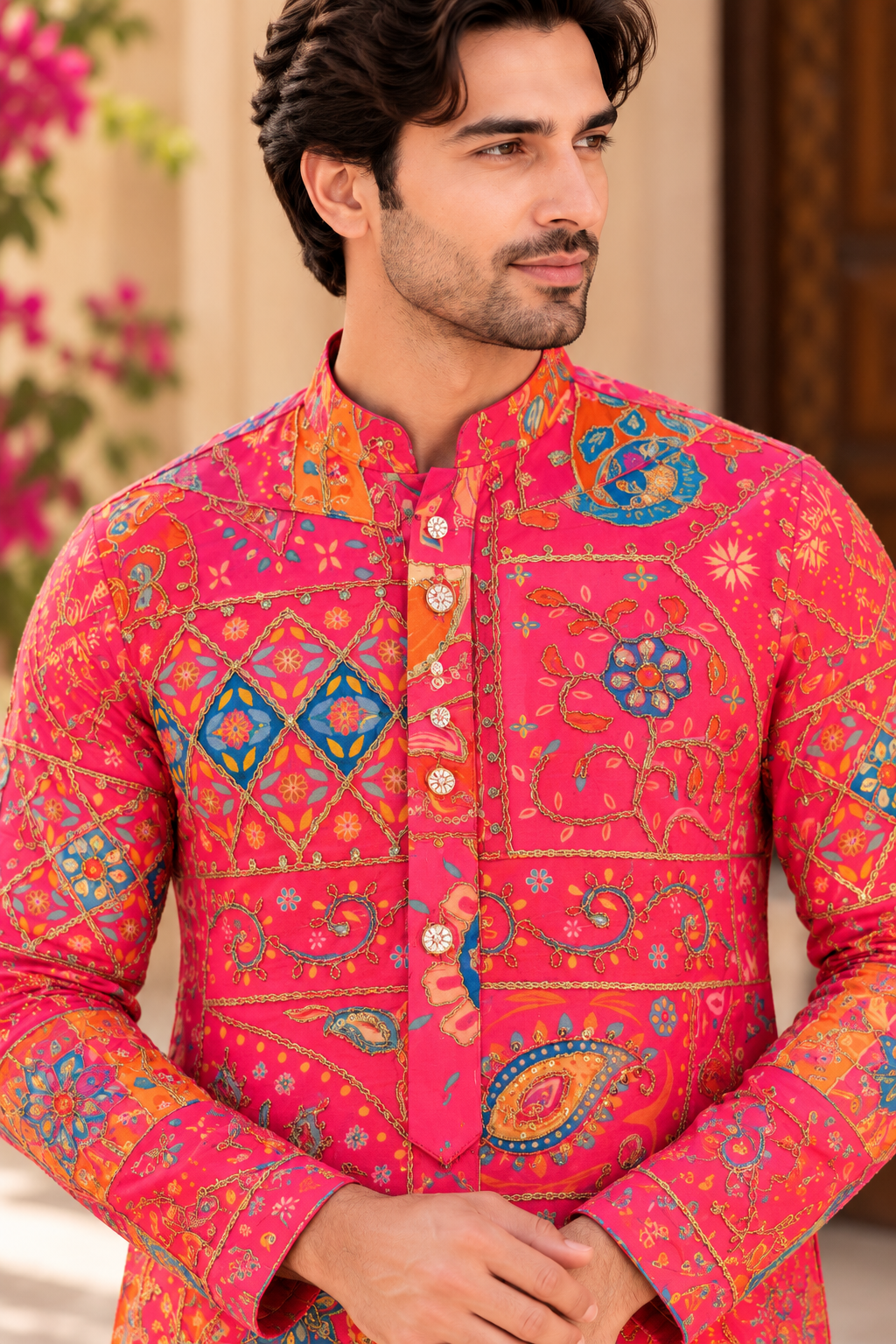 KPD6028 Rani Pink Patchwork Printed Kurta with Lining and White Pyjama Set