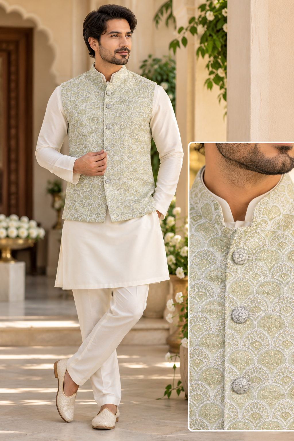 KPJ8003 Sage Green Embroidered Nehru Jacket