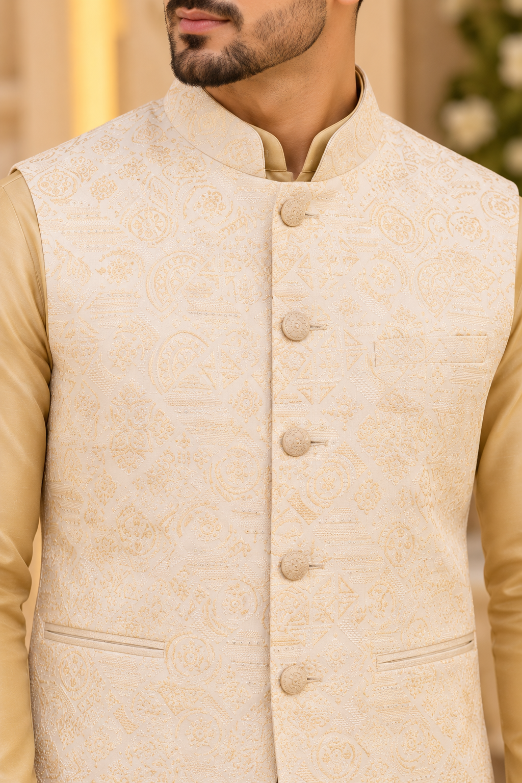 KPD7149 Cream Jacquard Nehru Jacket with Beige Gold Kurta Pyjama Set
