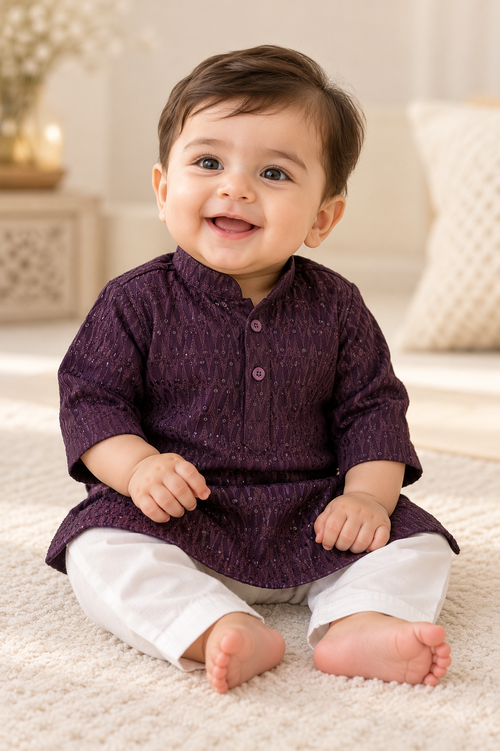 KPK2061 Baby Boys Deep Wine Embroidered Kurta with White Pyjama Set