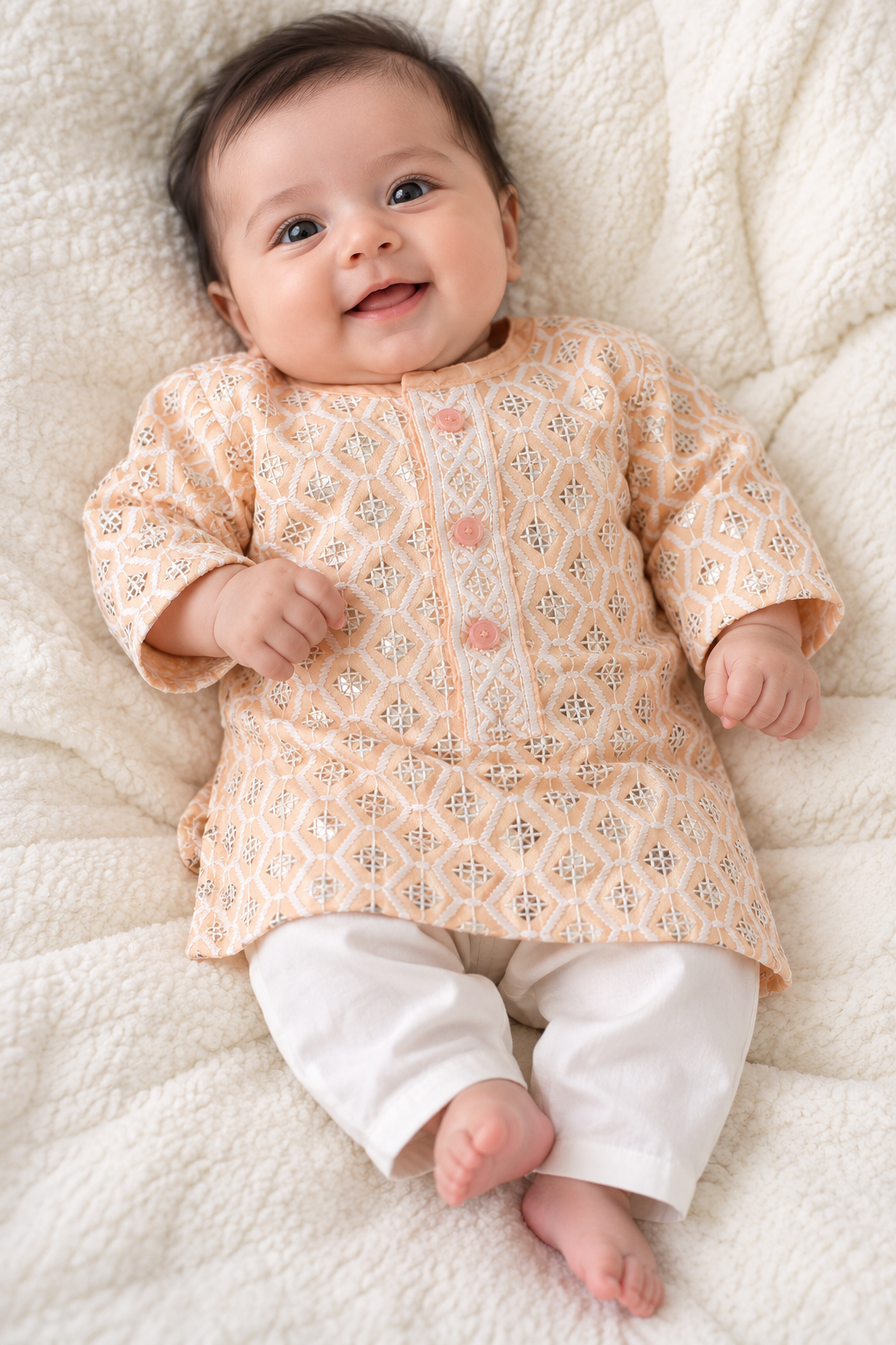KPK2064 Newborn Peach Embroidered Kurta with White Pyjama Set