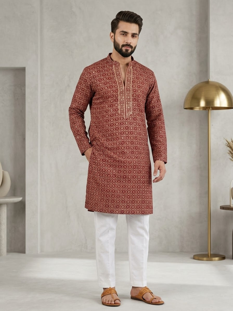 KPD6037 Rust Maroon Geometric Printed Kurta & White Pyjama Set