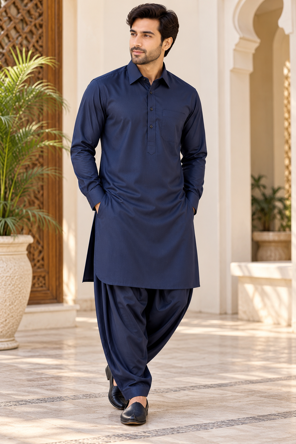 KPC1065 Classic Dark Blue Pathani Kurta Set