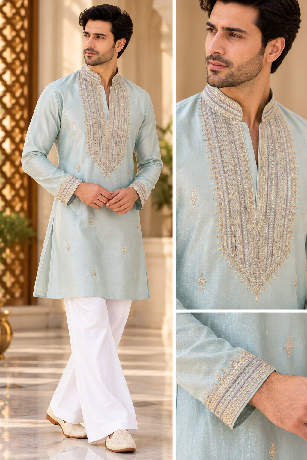 KPD6042 Metallic Ice Blue Embroidered Kurta with White Bell Bottom Pant Set