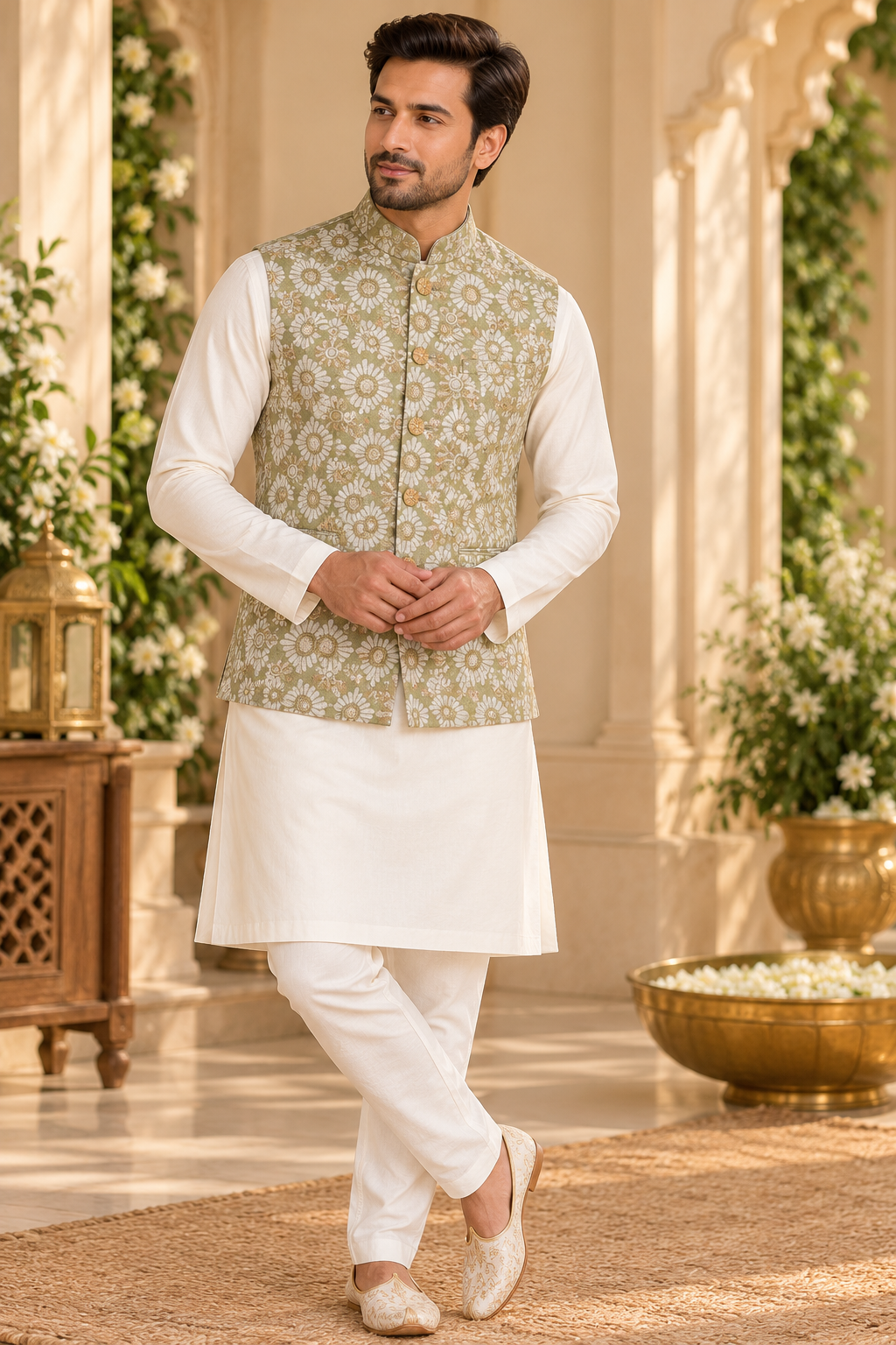 KPJ8007 Sage Floral Jacquard Nehru Jacket