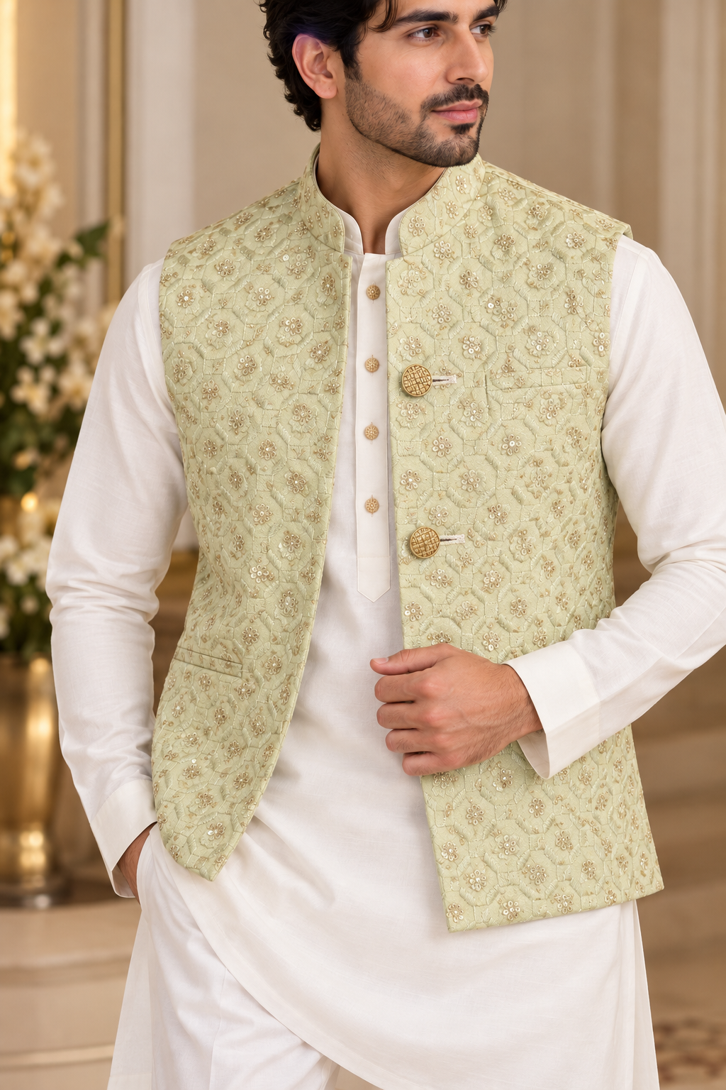 KPJ8014 Pistachio Mint Embroidered Nehru Jacket