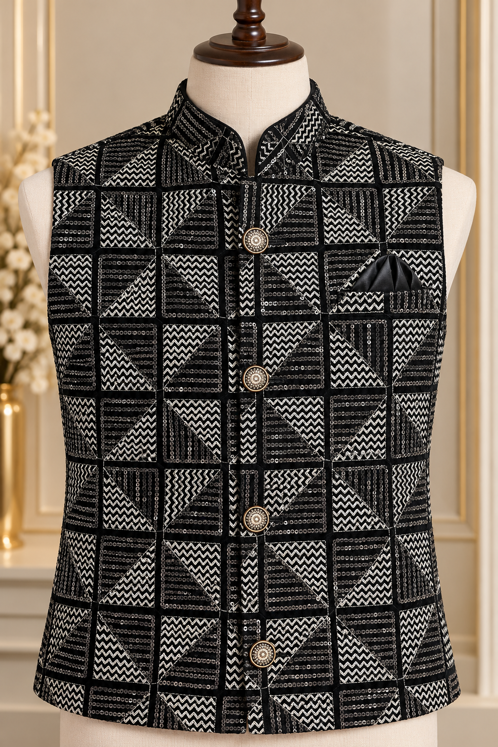 KPD7163 Black Velvet Embroidered Jacket with Black Kurta Pant Set