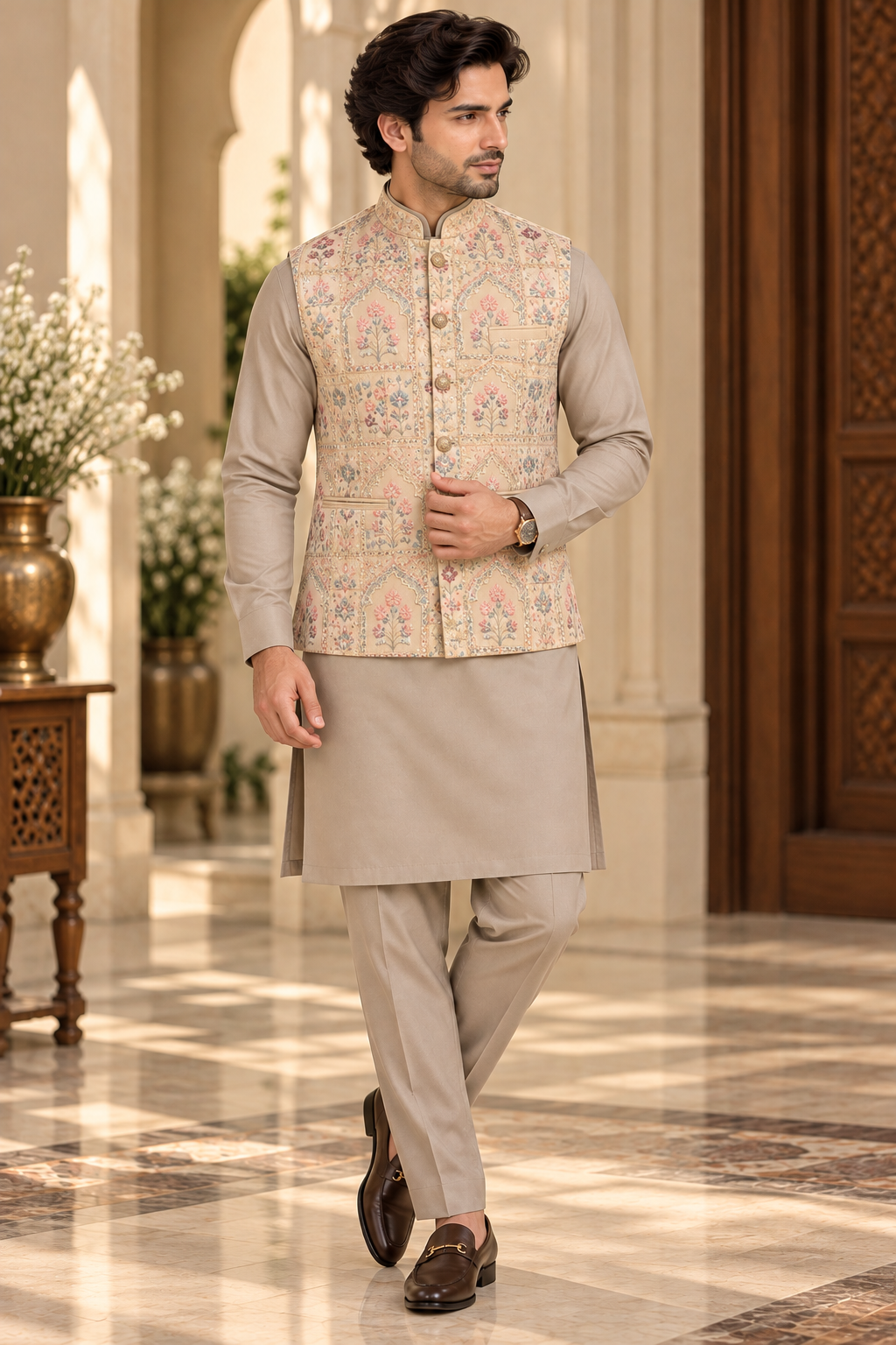 KPJ8017 Lemon Beige Jharokha Embroidered Nehru Jacket
