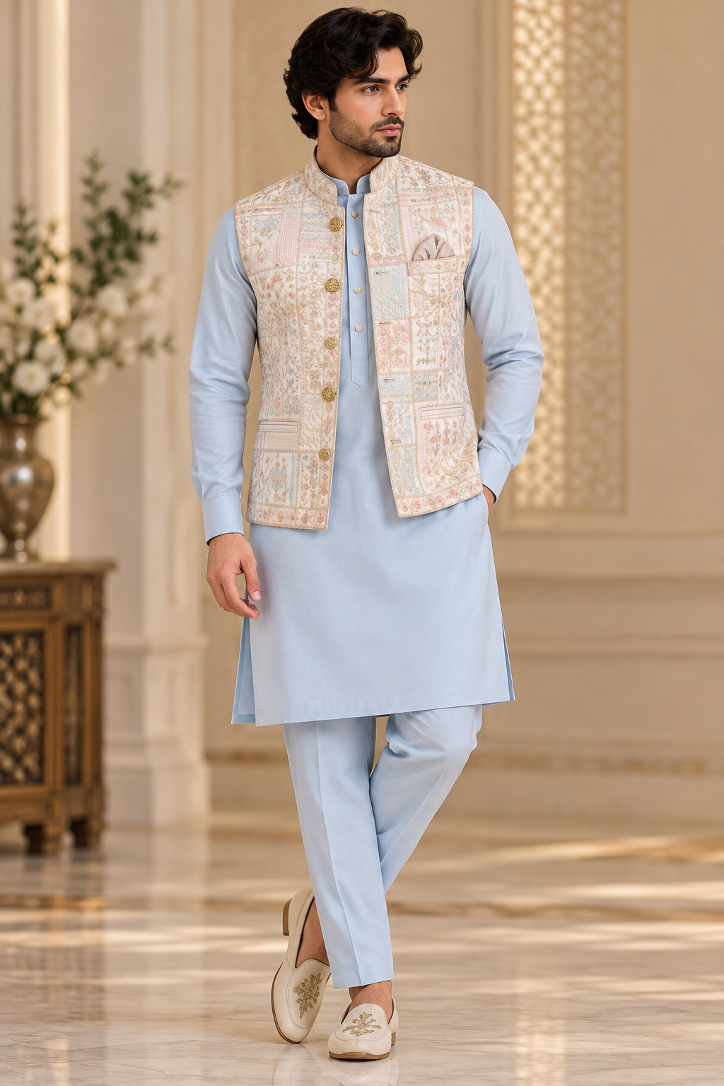 KPJ8019 White Multi-Embroidered Nehru Jacket