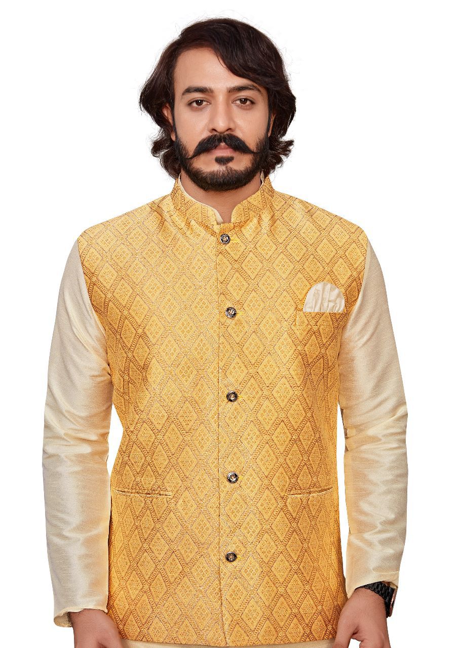 KPC6068 Cream Kurta with Designer Jacket Square boxes Yellow Color - Kurtapyjama.ca