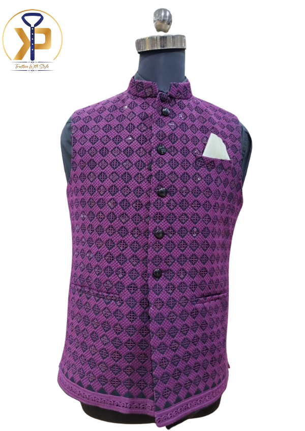 Indian Traditional Wear Purple Designer Nehru Jacket Kurtapyjama