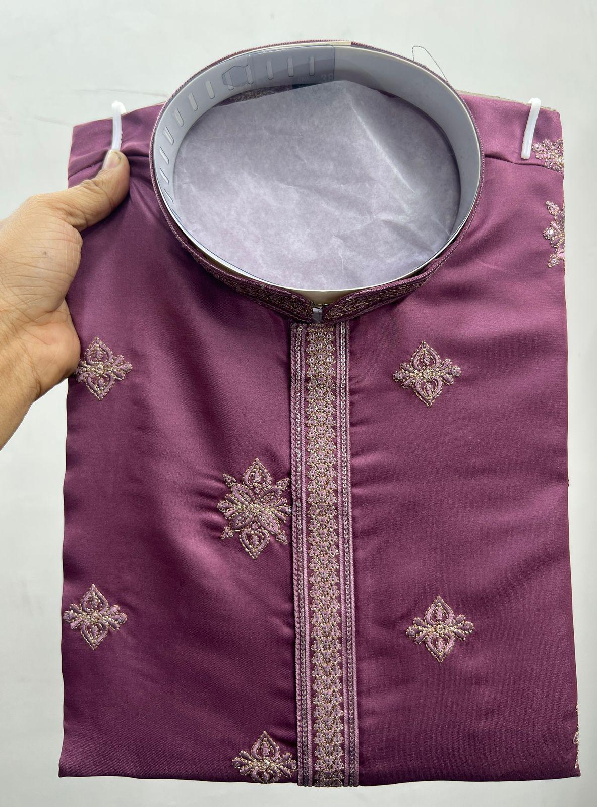 KPD6025 Dusty Mauve Silk Embroidered Kurta with White Pyjama Set