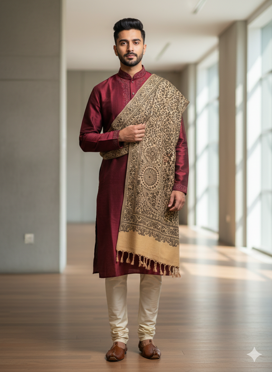 Man wearing a maroon kurta with a beige and brown patterned shawl in a modern indoor setting.