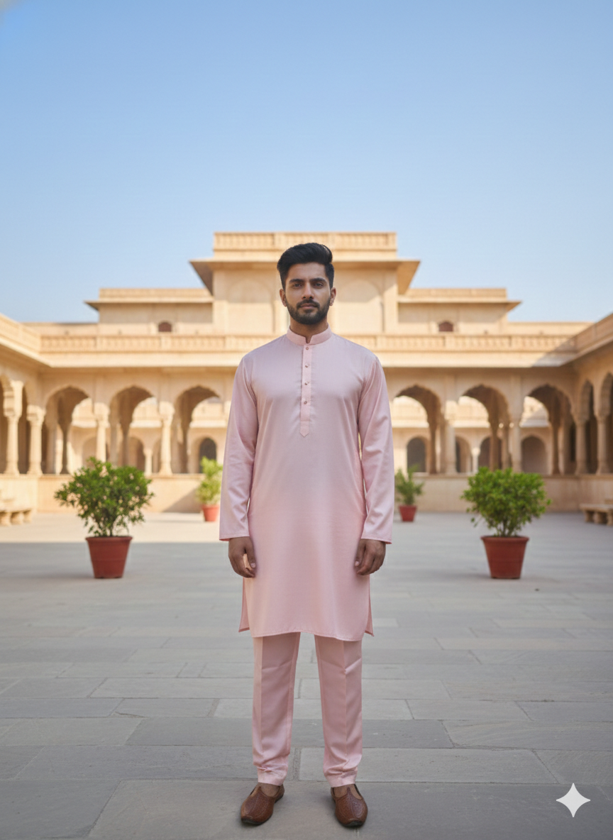 Man in a pink traditional kurta pyjama outfit standing in front of a historical building with a clear blue sky.