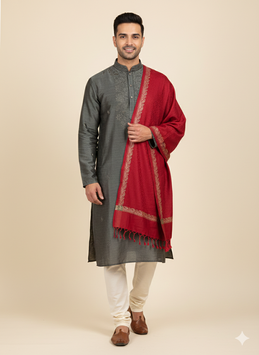 Man wearing a gray kurta with a red dupatta on a beige background