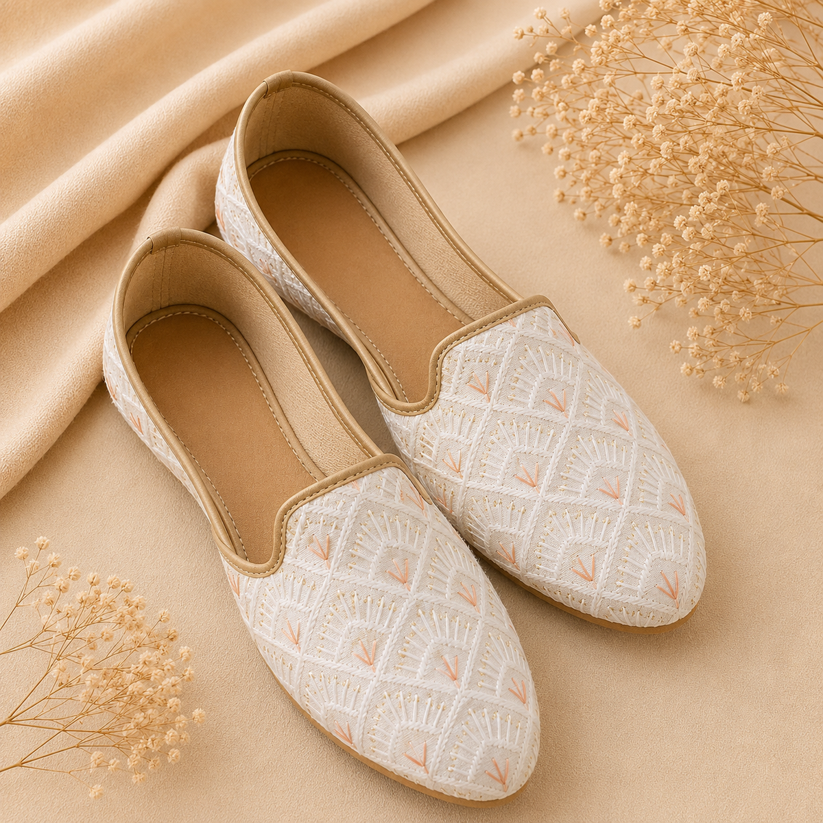 KPL0071 Ivory Jutti with White & Peach Embroidery