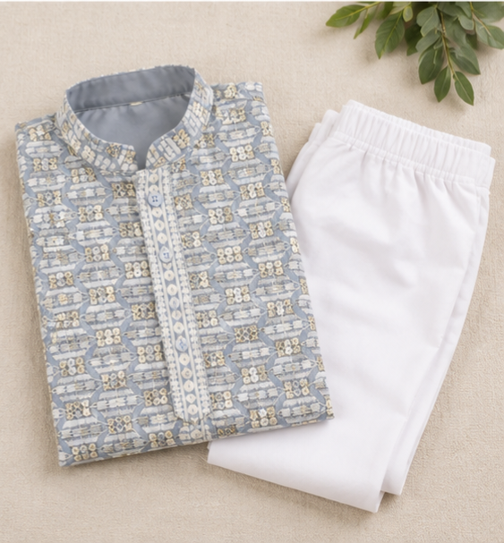 KPK5024 Light Grey Embroidery Kurta with White Pyjama Set for Boys