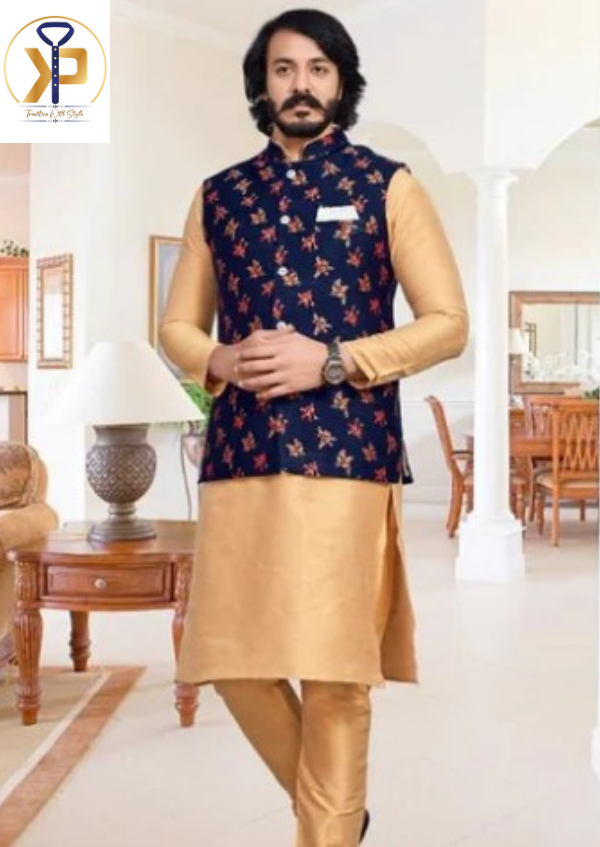 Casual Groomsmen Attire Golden Kurta Blue Red Designer Jacket Kurtapyjama