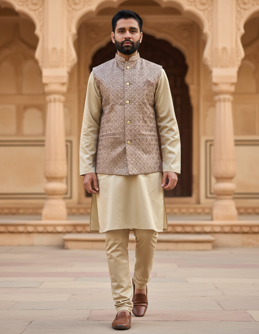 Man wearing a traditional beige kurta with a patterned vest in front of an architectural background
