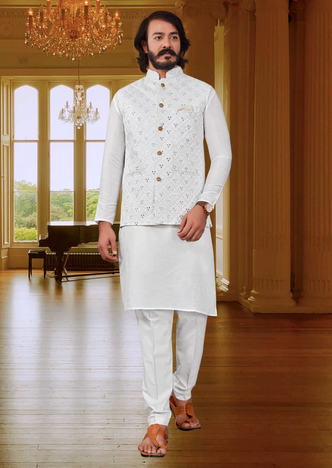 Indian Groomsmen Outfit White Kurta Pyjama White Jacket