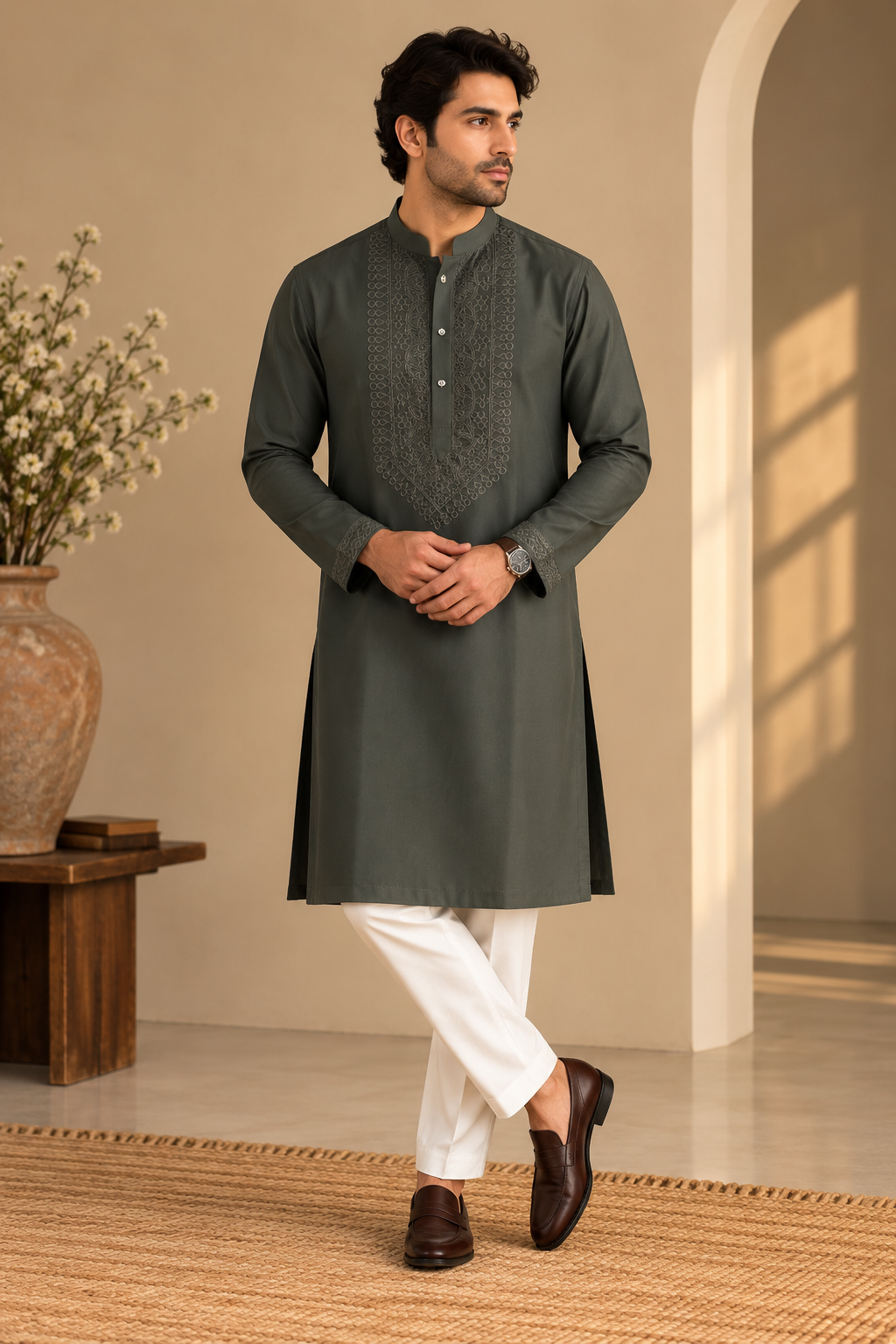 KPD6304 Olive Green Embroidered Designer Kurta Pyjama Set