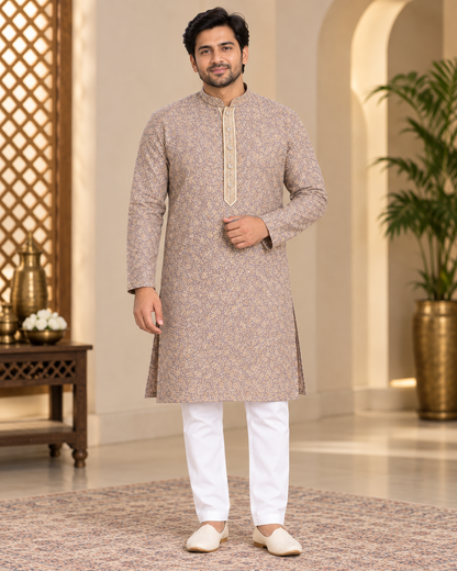 KPD6314 Mauvish Grey Gold Thread Work Kurta with White Pyjama