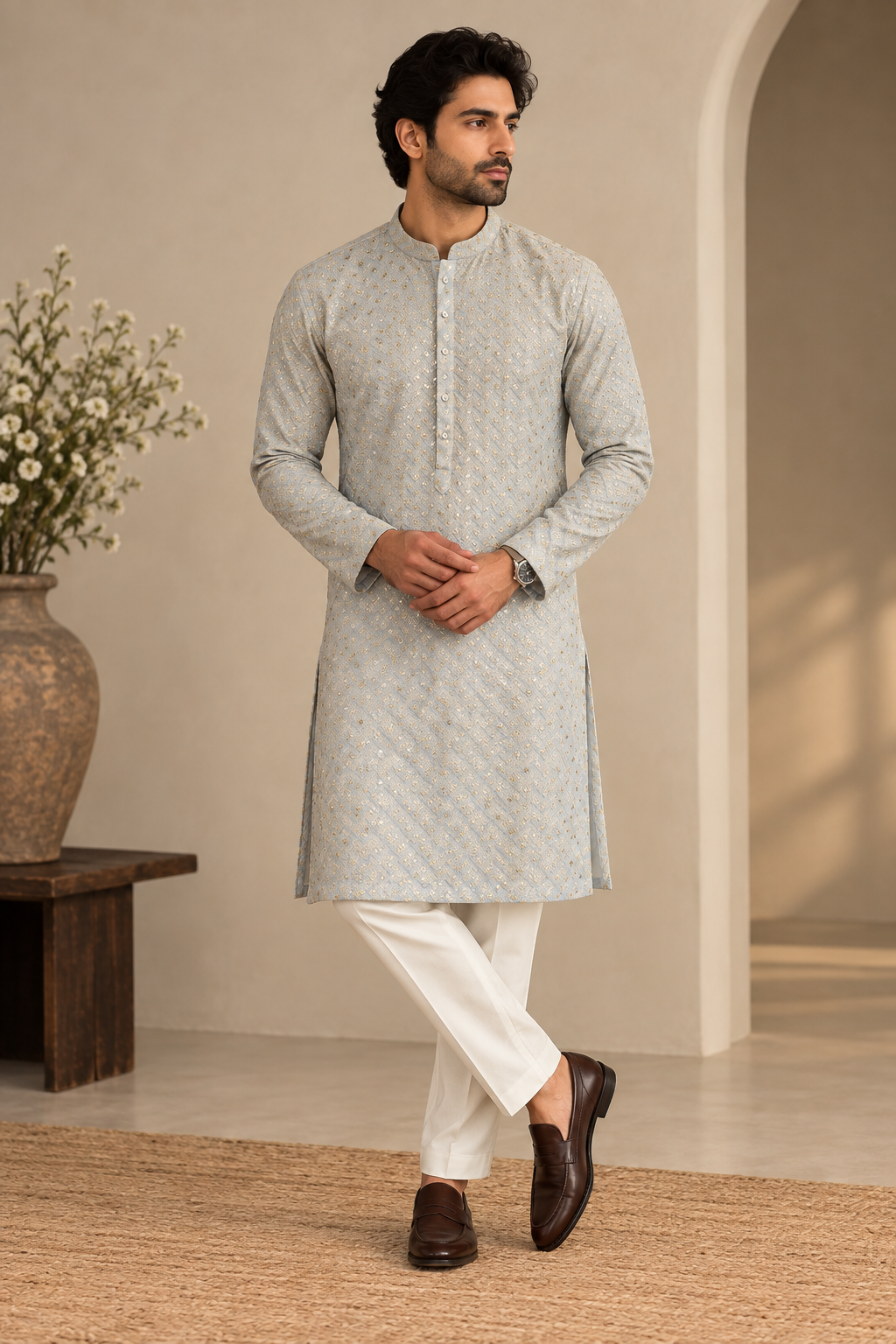 KPD6296 Metallic Grey Sequined Designer Kurta with White Pyjamas