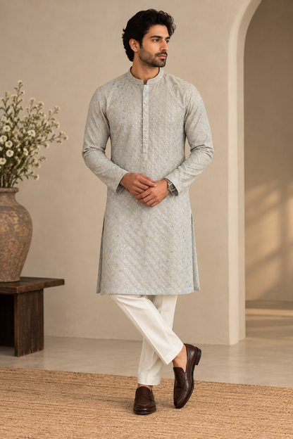 KPD6296 Metallic Grey Sequined Designer Kurta with White Pyjamas