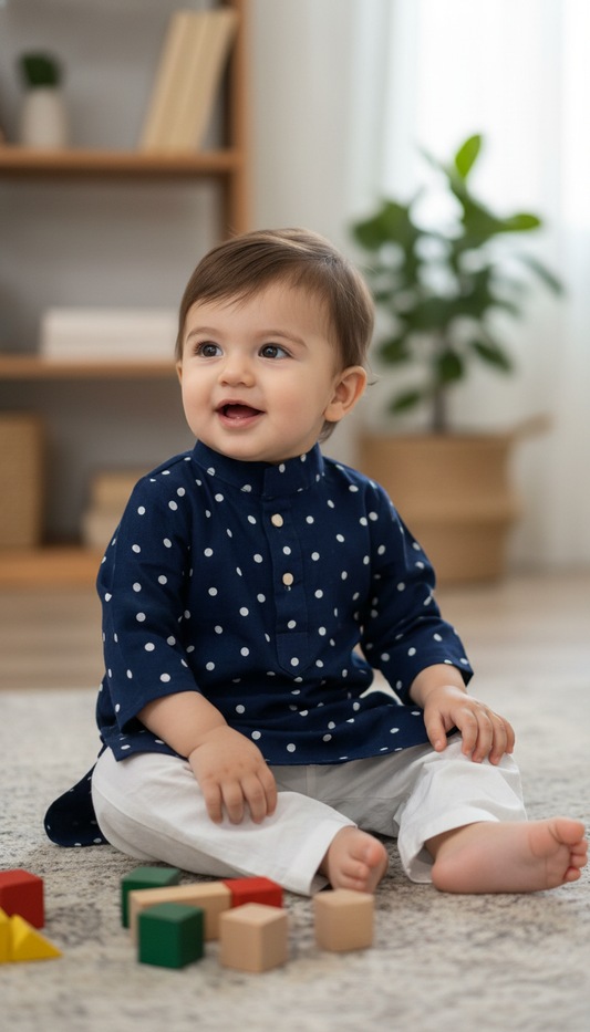 KPK1201 Navy Blue with White Polka Dots Kurta Pyjama Set 12-18m