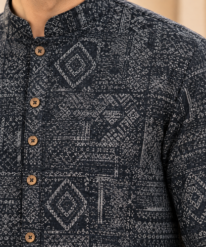 KPD6323 Black Geometric Printed Kurta with White Pyjama