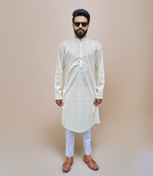 KPD6160 Ivory Gold Jacquard Weave Kurta Pyjama Set with Metallic Shine