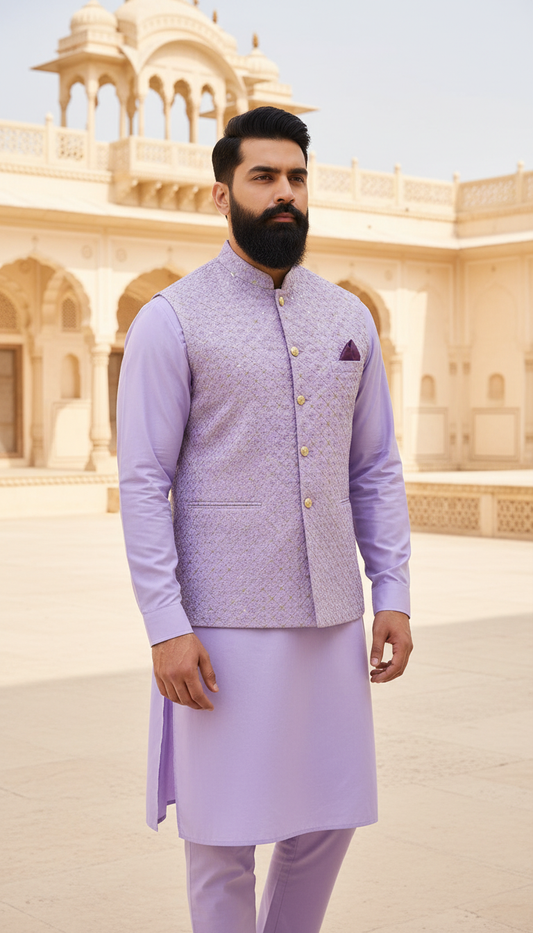 KPD5302 Plus Size Lavender Heavy Work Nehru Jacket