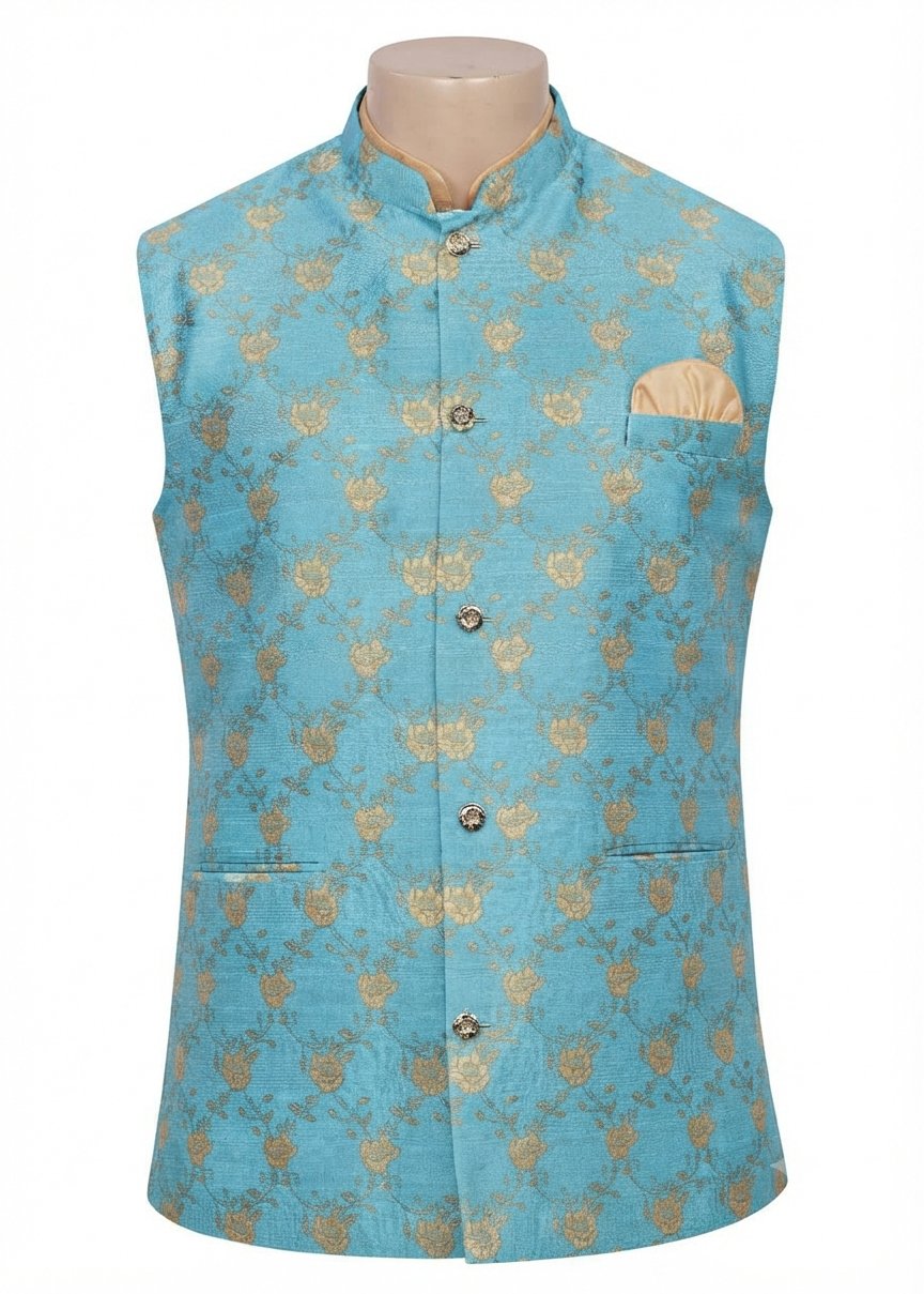 KPD5020 Gold Kurta Pyjama Set With Designer Cyan Floral Jacket (Koti) and Pocket Square