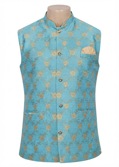 KPD5020 Gold Kurta Pyjama Set With Designer Cyan Floral Jacket (Koti) and Pocket Square